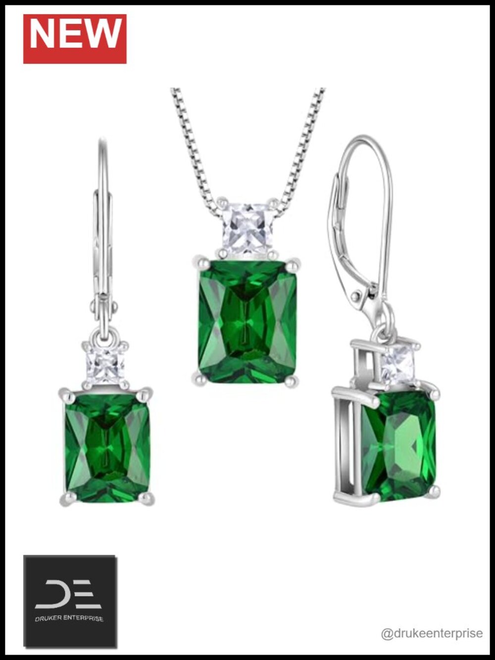 925 Sterling Silver Princess & Emerald Cut Pendant Necklace & Earrings Jewelry